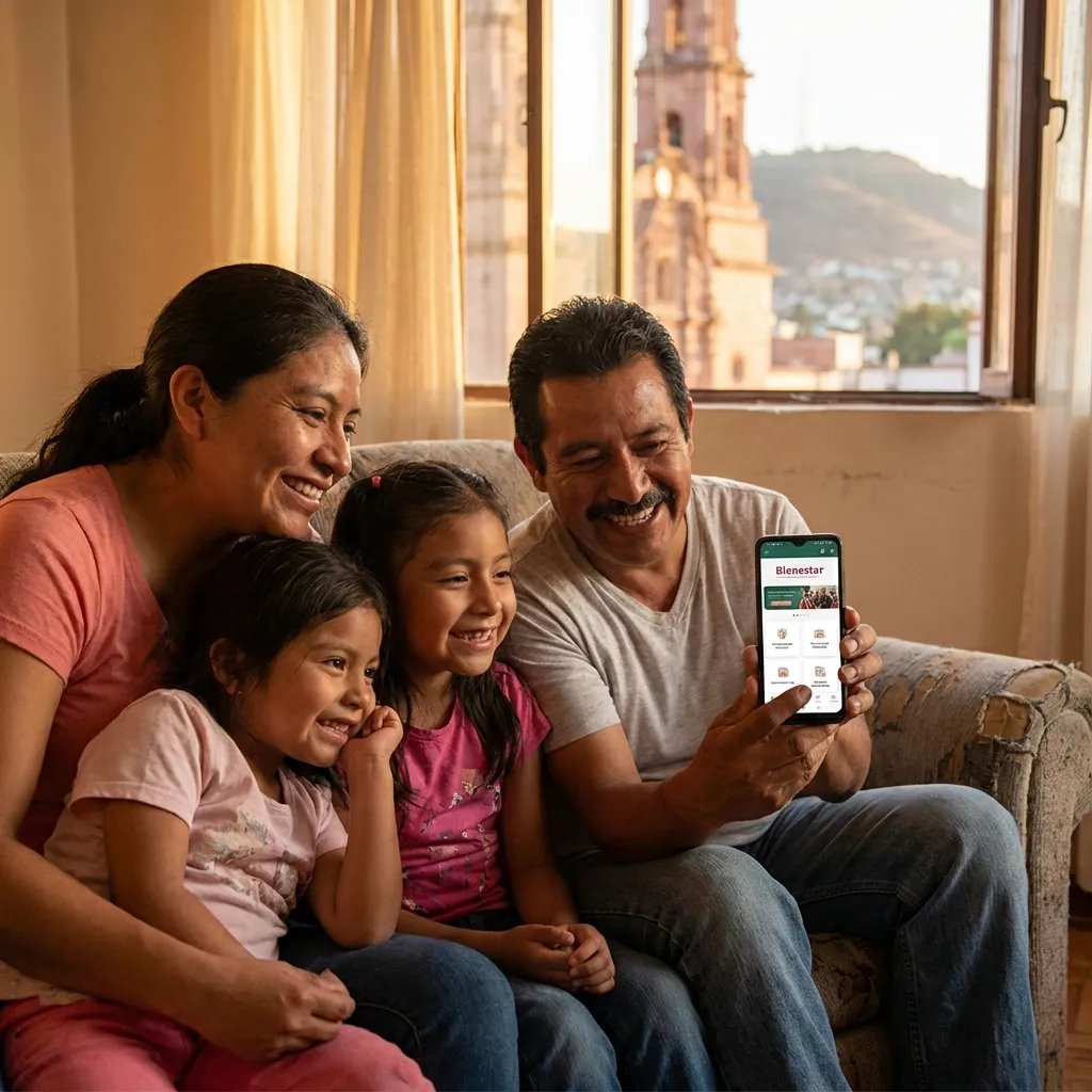 Familia usando app Bienestar en Aguascalientes