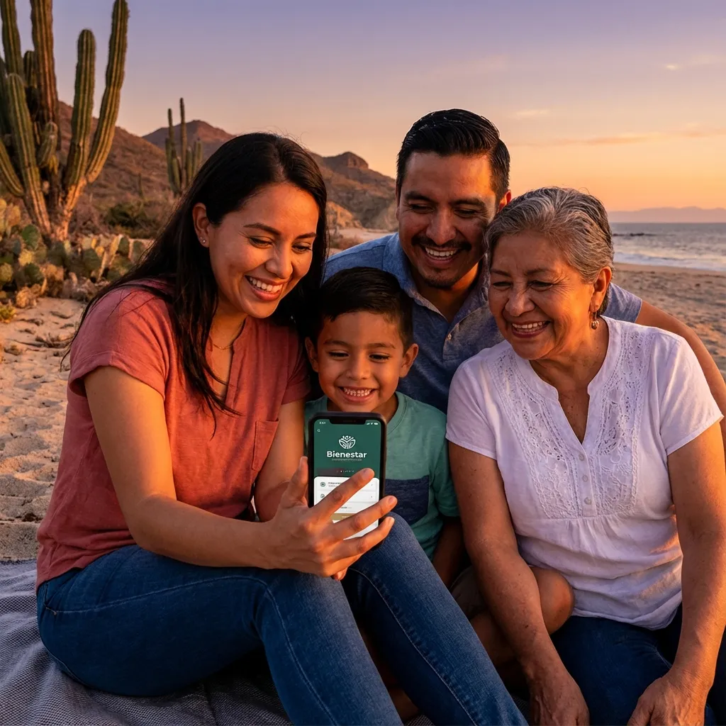 Familia usando app Bienestar en playa BCS
