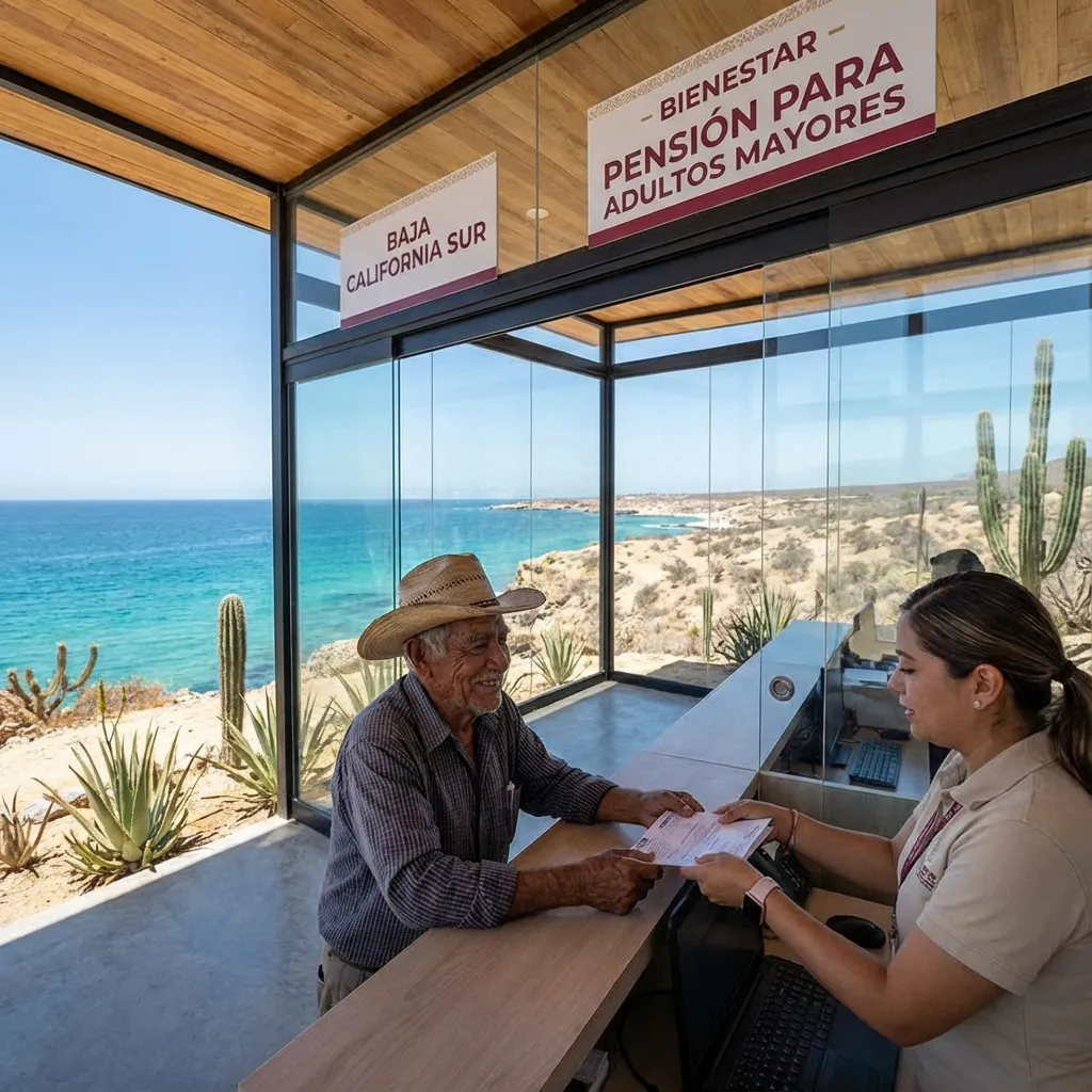 Adulto mayor recibiendo pensión en módulo BCS
