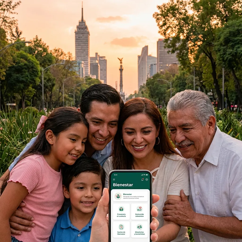 Familia usando app Bienestar en CDMX
