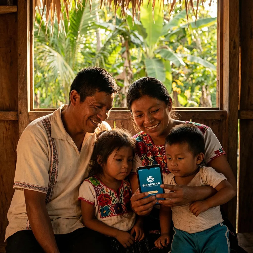 Familia usando app Bienestar en Chiapas